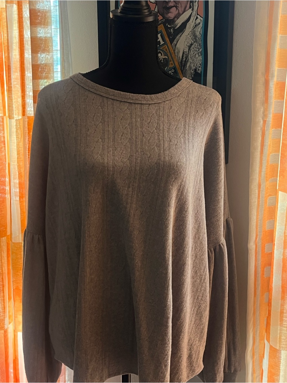 Three Bird Nest Taupe Balloon Sleeve Crewneck Sweater